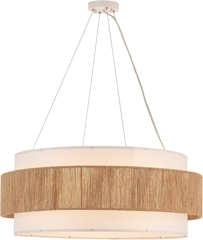 30” Fabric Rattan Chandelier Boho Hand Woven Coastal Pendant Light Adjustable Drum Large Pendant Lighting Fixtures for Dining Room Living Room Kitchen Hallway, Off-White, UL Listed