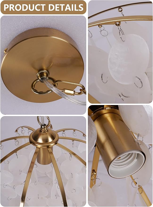 Capiz Shell Pendant Light, 12.6” Gold Coastal Hanging Chandelier, Adjustable Height up to 51”, E26 Hardwired Ceiling Light for Living Room, Dining Room, Bedroom, Entryway