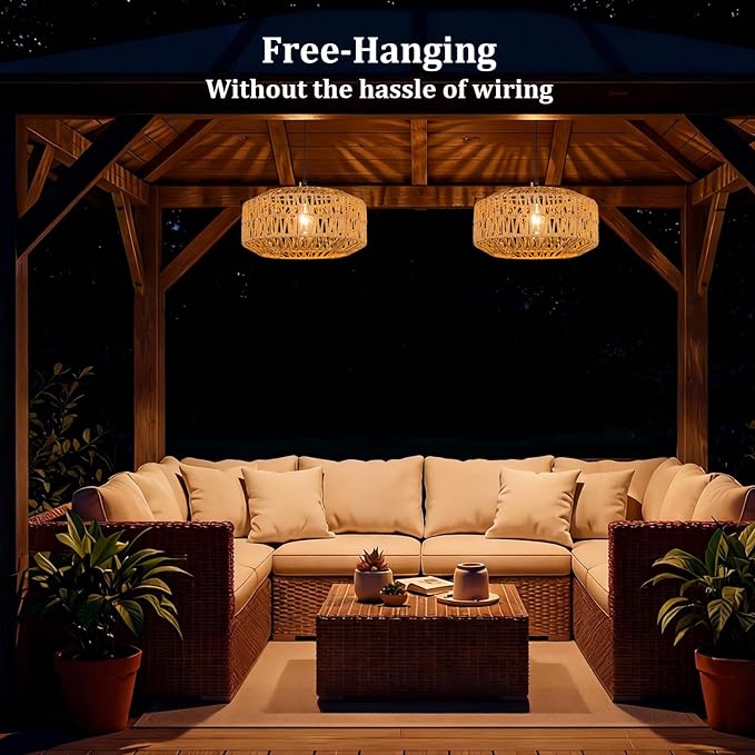 13" Battery Operated Outdoor Chandelier, Battery Power Hanging Pendant Lights, Woven Rattan Gazebo Light Outdoor Waterproof, for Gazebo, Pergola, Porch, Indoor Outdoor Decor Lighting