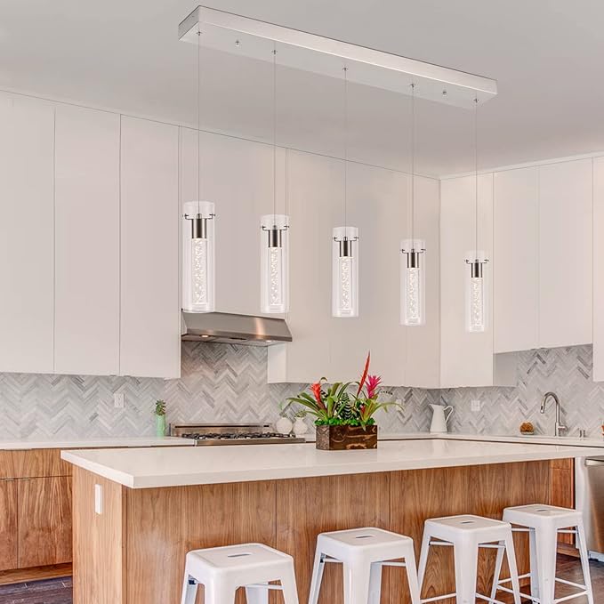 Dimmable Kitchen Pendant Lights, Brushed Nickel Remote Control led Pendant Lighting,3D Modern Pendant Light for Kitchen Dinning Room, Living Room, Corridor, Cafe bar, Club, Restaurant