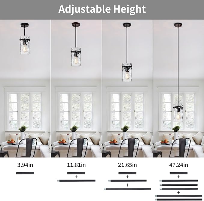 Farmhouse Hammered Glass Pendant Light, 5.5" Black Pendant Light, Modern Pendant Light Fixtures Over Island Lights for Kitchen Dining Room Light for Farmhouse Pendant Lighting 1 Pack