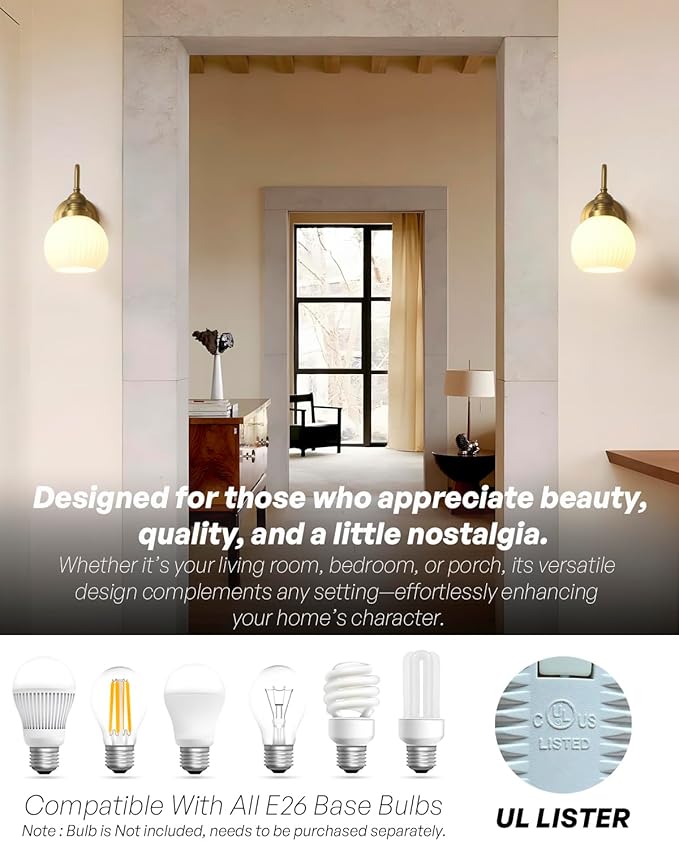 Milk Glass Wall Sconce Hardwired Bathroom Vanity Light with Striped Bowl Milk Glass Vintage Brass Wall Mounted Lights for Bathroom Mirror Living Room Bedroom Kitchen E26