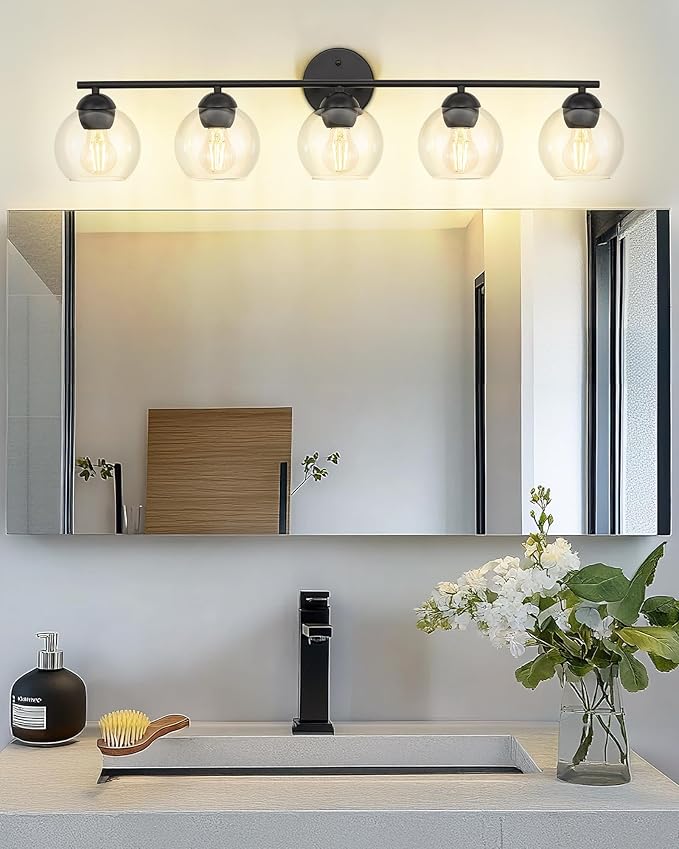 Emak 37 Inch Black Bathroom Light Fixtures Over Mirror, Modern 5-Light Vanity Lights with Clear Glass Shade, Farmhouse Globe Vanity Light for Bathroom, VL114-BK-CG-5