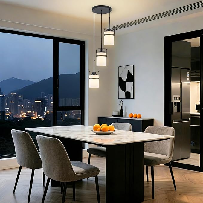 Black 3-Light Pendant Lighting, Adjustable Cluster Hanging Light Fixture with Milk Glass Shade, Modern Pendant Light for Kitchen Island Dining Room Bar