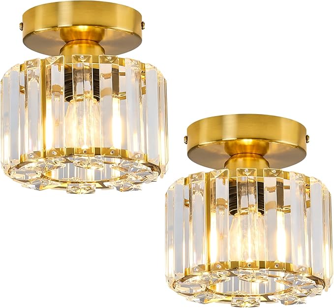 2 Pack Small Crystal Semi Flush Mount Ceiling Light Fixture Modern Gold Mini Round Chandelier Metal E26 Ceiling Lamp for Hallway Bathroom Entryway Kitchen Closet
