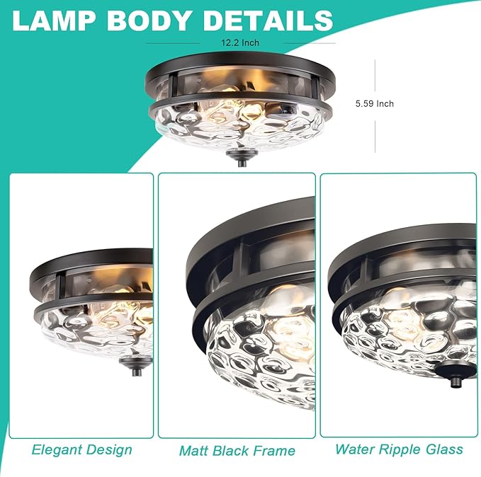 Flush Mount Ceiling Lights, 2-Light Farmhouse Close to Ceiling Light, Industrial Ceiling Lighting Fixture for Kitchen Hallway Bedroom Living Room Stairways Porch (Black)