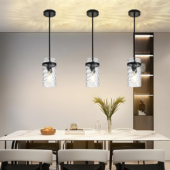 2 Pack Black Pendant Lights Kitchen Island, Hammered Glass Pendant Lighting Over Island, Kitchen Hanging Light Fixtures Pendant Light Over Sink for Kitchen Entryway Foyer Dining Room