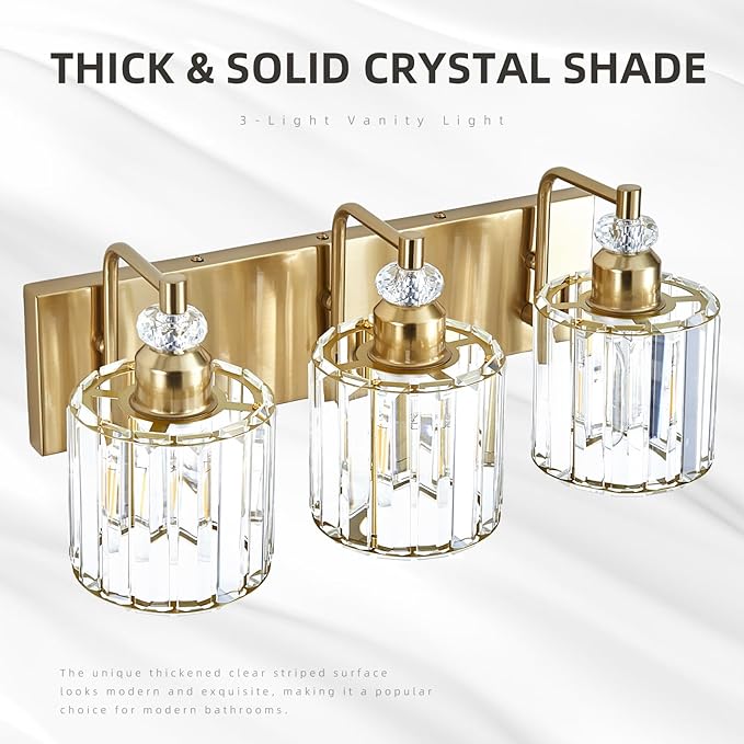 3-Light Modern Gold Bathroom Vanity Lights Brushed Brass Lighting Fixtures Over Mirror, Bathroom Vanity Lighting with Crystal Shade Wall Sconce E26 Base for Bedroom Livingroom Restroom Wall Lamp