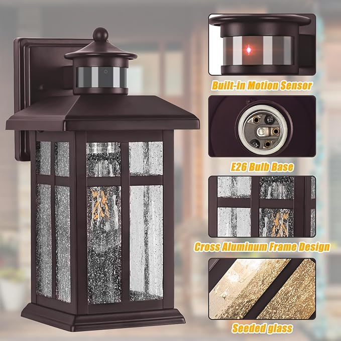 Updated Dusk to Dawn Porch Light, Exterior Light Fixtures Wall Mount Oil Rubbed Bronze, Porch Lights Dusk Dawn Bronze, with E26 Sockets & Tempered Glass, Dusk till Dawn Outdoor Lighting Fixture
