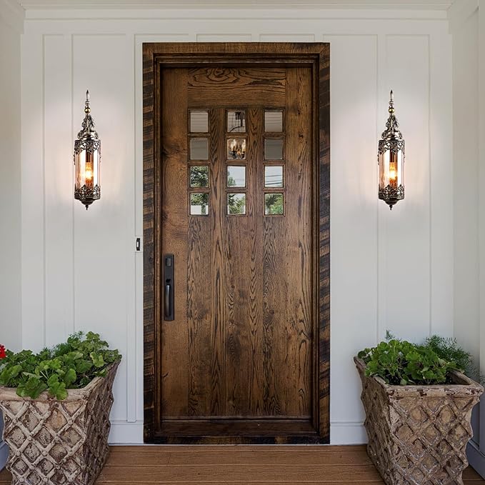 Rustic Wall Sconce with Amber Glass,Vintage Antique Gothic Wall Light Fixture E26 Mid Centry Lantern Bedside Sconces Wall Lighting for Living Room Bathroom Hallway Mirror