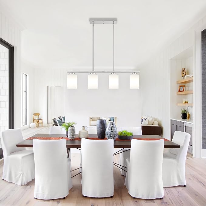 Brushed Nickel Island Lights for Kitchen, 4-Light Dining Room Light Fixtures Modern Linear Chandeliers Over Table White Frosted Glass Adjustable Hanging Lights Kitchen Pendant Lighting Over Island