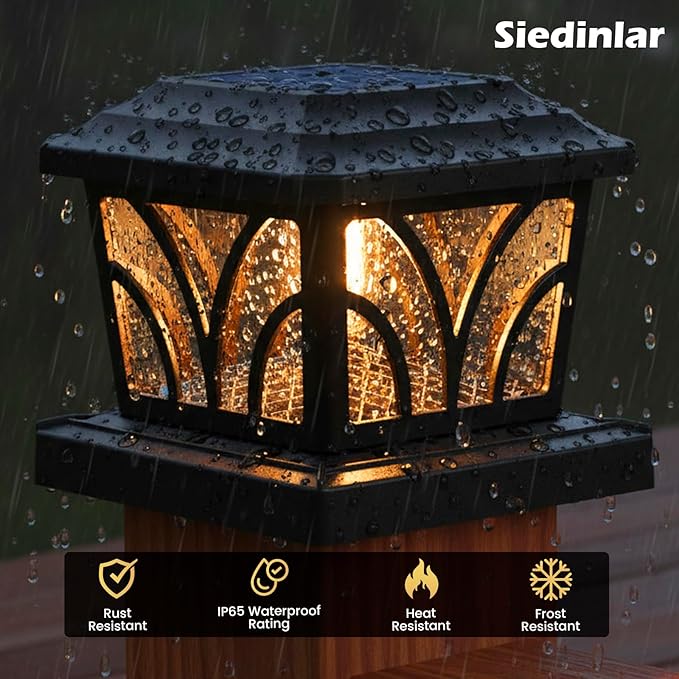 SIEDiNLAR Solar Post Cap Lights Outdoor, Aluminum Glass 2 Modes Edison LED Bulbs for 4x4 5x5 6x6 Vinyl/Wooden Posts Patio Deck Fence Decor, Warm White/Cool White Lighting 4 Pack (Black)