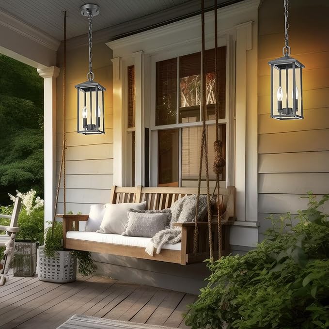 Outdoor Pendant Light for Porch Chandelier Outdoor Pendant Lights 2-Light with Clear Glass, Dusk to Dawn Modern Hanging Porch Lights Exterior Hanging Light Fixture for Patio Gazebo