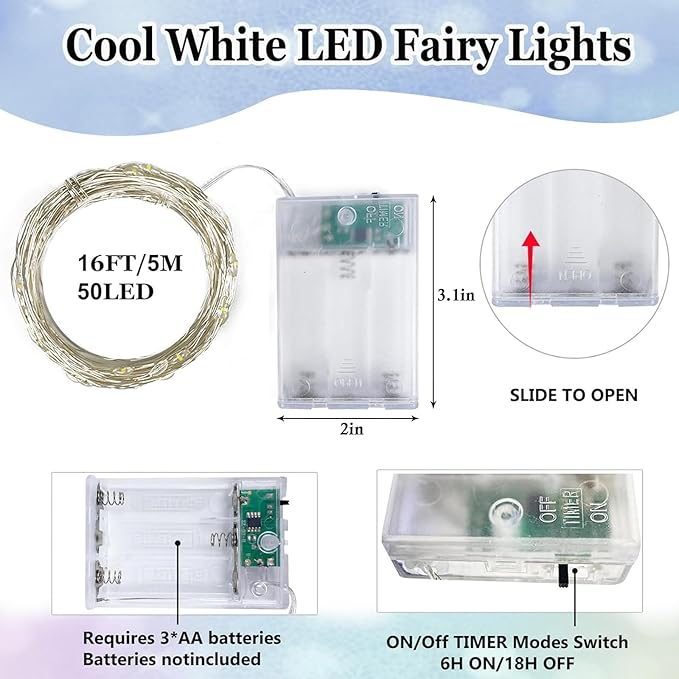 2-Pack Fairy Lights Battery Operated with Timer, 16FT 50 LED String Lights Indoor Outdoor, Cuttable Starry Fairy Lights Waterproof for Christmas Home Bedroom Wedding DIY Centerpiece Decor (Cool White)