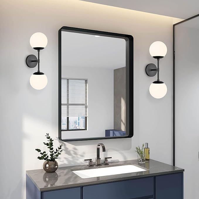 KoKo&Yukina Mid Century Modern Bathroom Matte Black Bathroom Vanity Light Fixtures Globe Sconce 2 Light Vanity Light Milky White Vanity Light Mid Century Wall Sconce