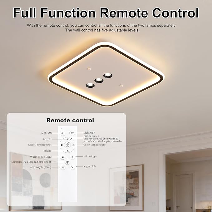 Square Diamond LED Ceiling Light with 3 Adjustable Spotlights, Dimmable Flush Mount Lighting Fixture, Black & White for Bedroom Living Room Kitchen Hallway