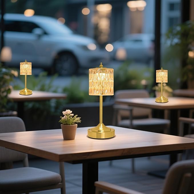 Cordless Crystal Table Lamp, 5200mAh Rechargeable Battery, 3 Color Dimmable Touch Control, Portable Vintage Gold Desk Lamp for Bedroom, Nightstand, Living Room, Home Decor (Amber-2)