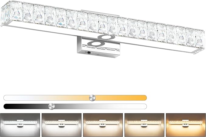 SOLFART Crystal Bathroom Lighting Fixtures Over Mirror, 24 Inch Chrome LED Vanity Light, 5 Color Adjustable 5CCT
