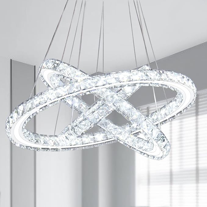 CXGLEAMING LED Chandeliers Modern Ceiling Light Fixture 3 Rings Adjustable Crystal Pendant Light Fixture Ceiling Hanging for Living Room Dining Room Bedrooms Hall 250mm Base 209 Crystals (Cool White)