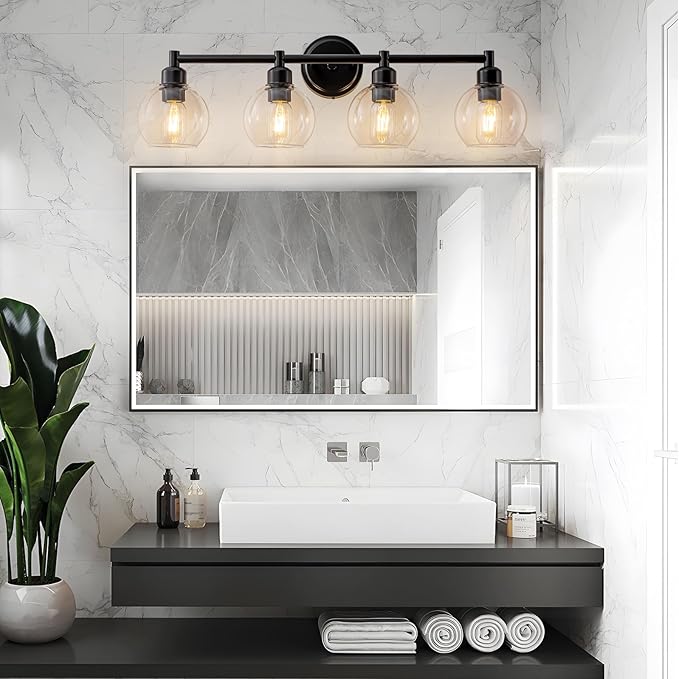 Bathroom Light Fixtures,4-Light Modern Bathroom Vanity Light,Black Wall Sconce with Clear Glass Globe Shades,Adjustable Brightness Wall Lights for Kitchen,Bedroom,Hallway,Living Room