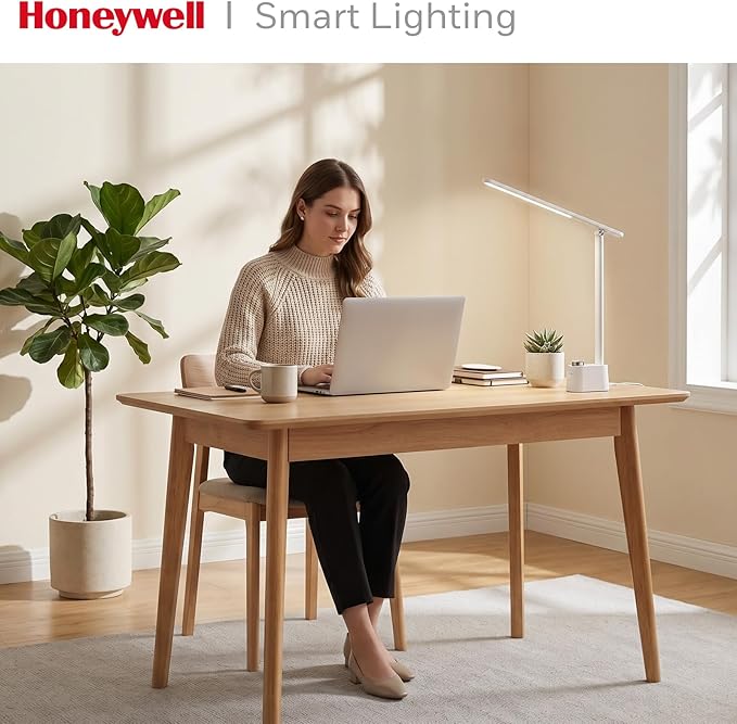 Honeywell LED Desk Lamp - Sunturalux Desk Lamps for Home Office with USB A+C Charging Ports, 3 Color Modes Stepless Dimmable Eye-Caring Foldable Desk Light for Bedroom Table Reading Study(White)