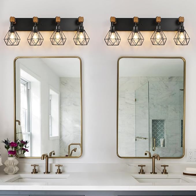 4 Light Farmhouse Vanity Light for Bathroom, Wood Bathroom Vanity Light Fixtures Over Mirror, Rustic Sconces Wall Lighting with Metal Lampshade for Living Room, Bedroom, Hallway