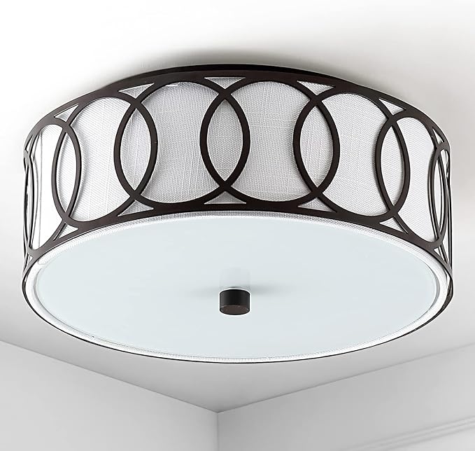 JONATHAN Y 12.25" Oil Rubbed Bronze 2-Light Modern Metal LED Flush Mount Ceiling Light for Bedroom Hallway, White Linen Drum Shade with Geometric Fretwork, LED Bulbs Included (JYL3502C)