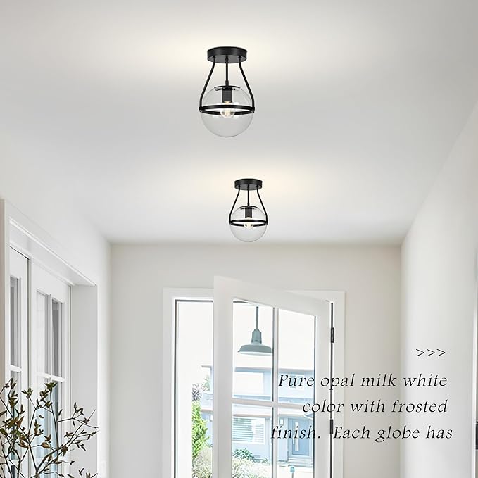 Bagood 6" Globe Semi Flush Mount Ceiling Light Fixture Modern Black Semi Flush Mount Ceiling Light Mid Century Ceiling Light With Clear Glass Shade Matte Black Finish for Hallway Bathroom (Bulb Incl.)