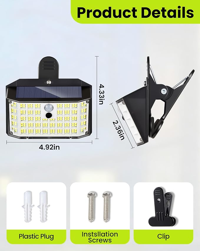 Clip on Solar Lights Outdoor with Motion Sensor, 600LM 176LED Solar Fence Lights Outdoor Waterproof, 3 Modes & Portable Security Lights for Chain Link Patio Deck Yard Garage (1Pack)