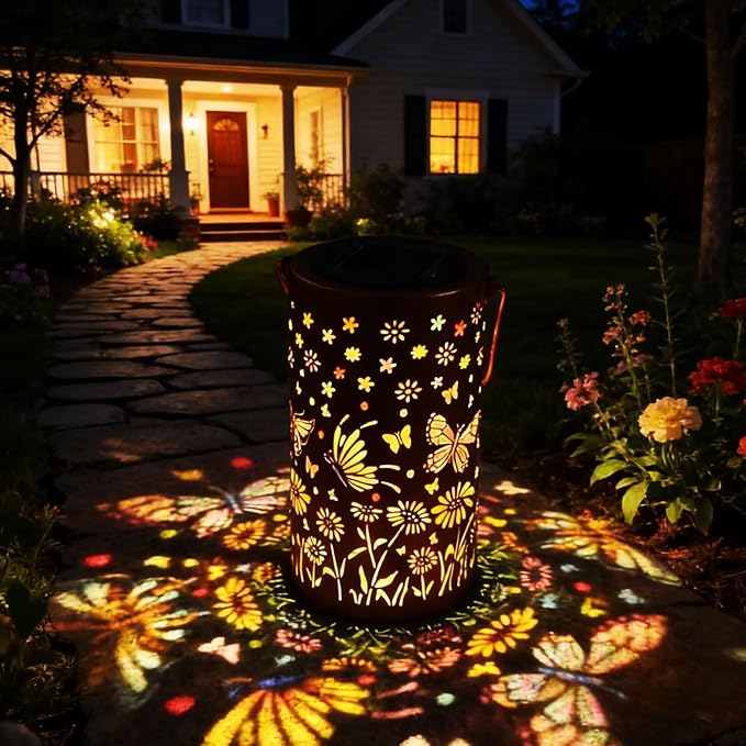 Colorful Butterfly Solar Lantern Outdoor Waterproof Garden Decorative Light, Hanging & Tabletop Solar Powered Lantern with Projection Pattern for Patio Garden Yard Balcony (Butterfly)