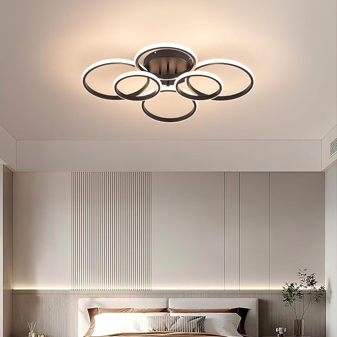 Modern Ceiling Lights, 6 Rings Dimmable Black LED Ceiling Light Fixtures with Remote Control, 60W Close to Ceilings Lighting for Living Room, Bedroom, Dining Room