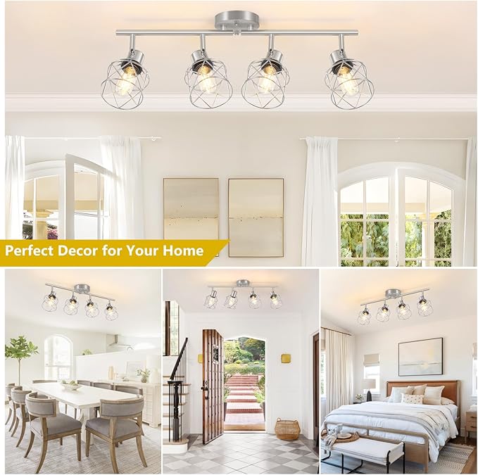 4-Light Kitchen Lighting Fixtures, Adjustable Multi-Directional Brushed Nickel Track Ceiling Light, Semi Flush Mount Ceiling Spotlight with Wire Cages for Living Room, Bedroom, Hallway