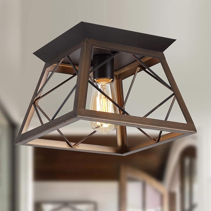 Q&S Flush Mount Ceiling Light Fixture,Farmhouse Vintage Lights,Industrial Metal Lamp for Hallway, Entryway, Bathroom ORB+Brush Brown,1 Light E26