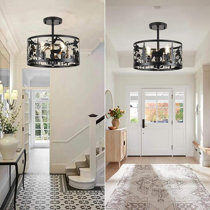 Farmhouse Rustic Ceiling Light Fixtures-Horse & Deer Design, 3-Light Round E26 Base Black Metal Fixture for Kitchen, Living Room,Foyer, Bedroom, Hallway(Bulbs not Included)