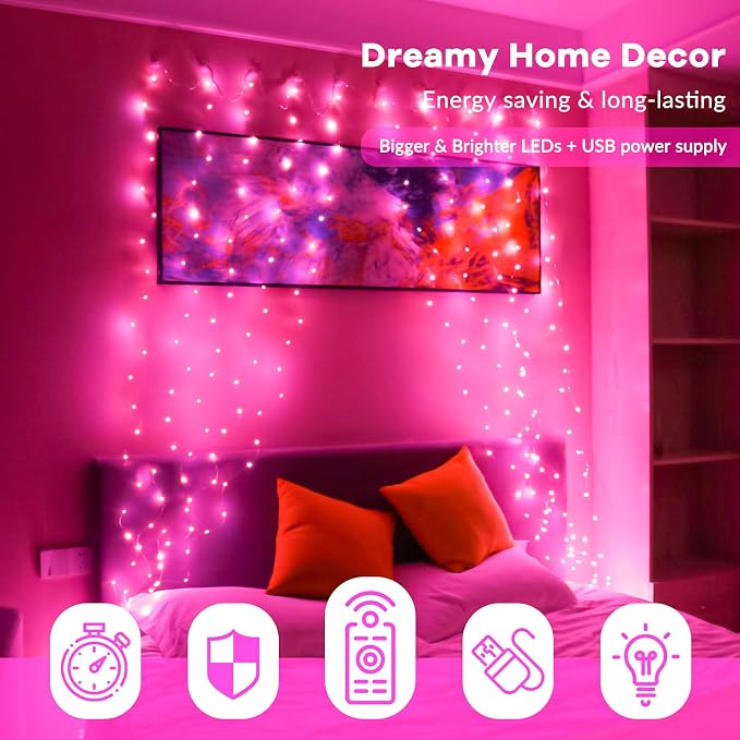 HXWEIYE 300LED Fairy Curtain Lights, 9.8x9.8Ft USB Plug-in 8 Modes Christmas String Hanging Lights with Remote for Bedroom Backdrop Wedding Indoor Wall Decor, Pink, Standard – 1 Pack