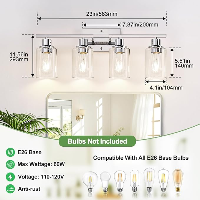 Indoi 4 Light Bathroom Light Fixtures, Chrome Vanity Lights with Clear Glass Shades, Modern Bathroom Light Fixtures Over Mirror, Modern Bathroom Wall Lamp for Mirror Living Room Cabinet