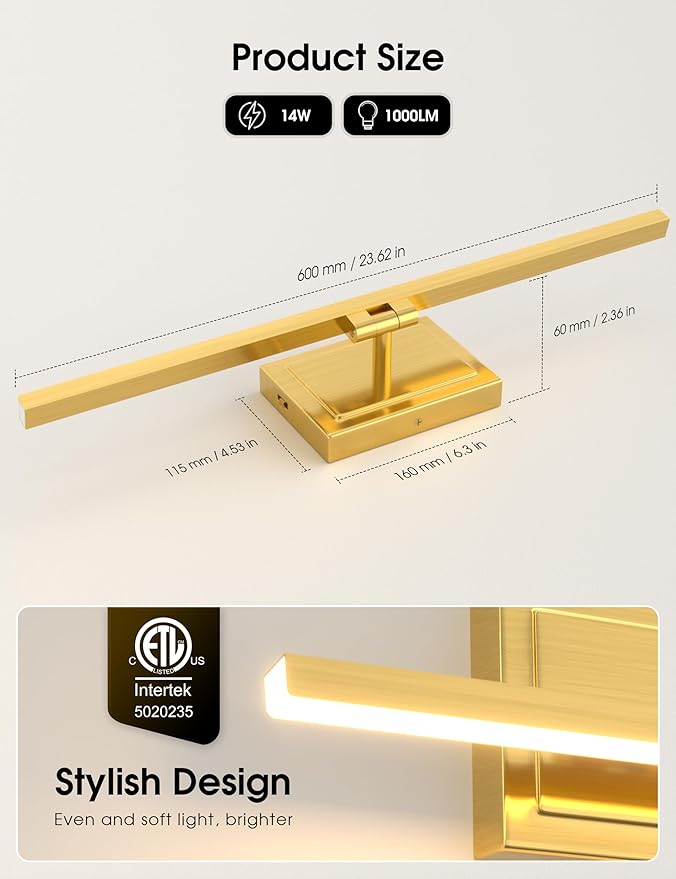VOLISUN Bathroom Vanity Light 24 inch, 14W Dimmable 5CCT Led Bathroom Light Fixture Over Mirror, Gold Bar Vanity Light for Bathrooms-ETL Certificated