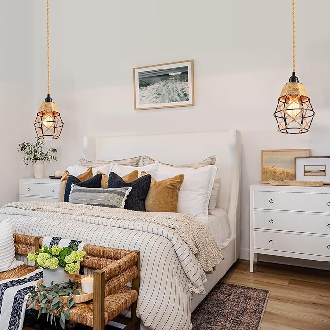 Industrial Hanging Light with Plug in Cord - Hemp Rope On/Off Switch Farmhouse Pendant Light for Dining Room