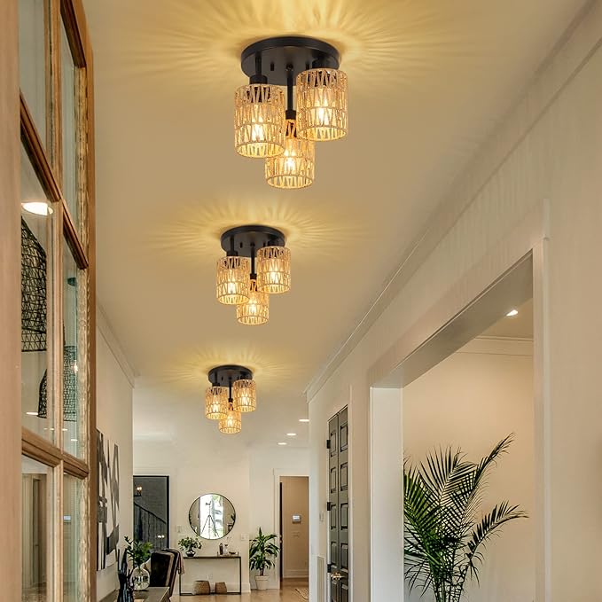 3-Lights Boho Light Fixtures Ceiling Mount, Farmhouse Rattan Chandelier, Hand Woven Cage Shade Semi Flush Mount Ceiling Lights for Bedroom Foyer Entryway Kitchen, Hallway Rattan Light Fixtures Ceiling