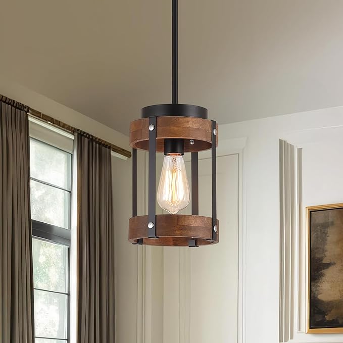 2 Pack Rustic Farmhouse Wood Pendant Light Fixture One-Light Adjustable Rods Oak Wood and Metal Drum Cage Small Pendant Lighting for Kitchen Island Sink Hallway Bathroom Bar Farmhouse, Black