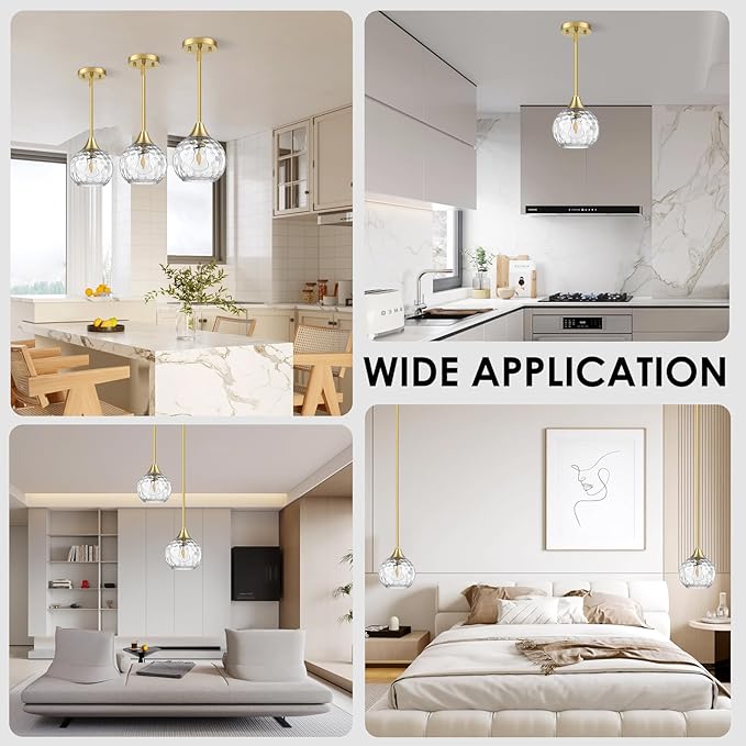 Pendant Lights Kitchen Island 3 Pack,Pendant Light Fixtures with Hammered Glass Shade,Adjustable-Height Island Lights for Kitchen with Detachable Rod,E26 Base Kitchen Pendant Lighting Over Island/Bar