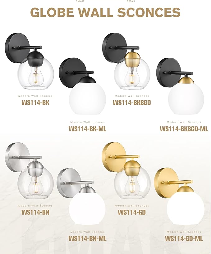 Emak Modern 2 Pack Globe Wall Sconce, Gold Vanity Light with Milk Glass Shade for Bathroom, Living Room, Pictures, Bedroom,Hallway, WS114-GD-ML-2PK