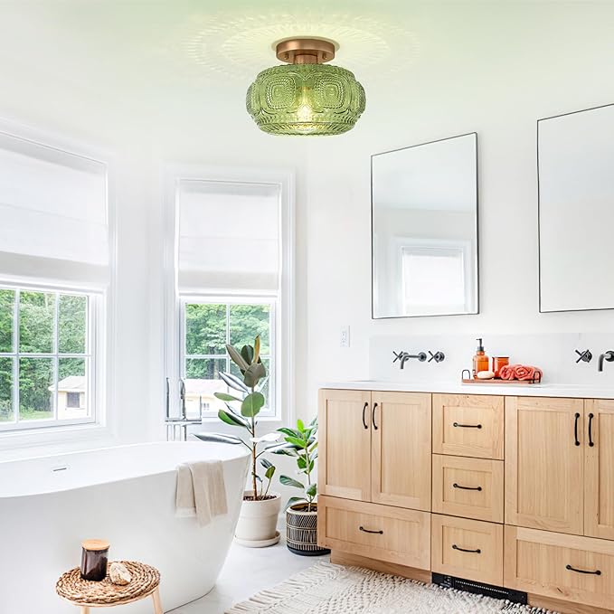 Semi Flush Mount Ceiling Light, Green Globe Glass Ceiling Light Fixture, Art Deco Kitchen Lighting fixtures Ceiling for Hallway Porch Corridor Bedroom, Bulb Not Included
