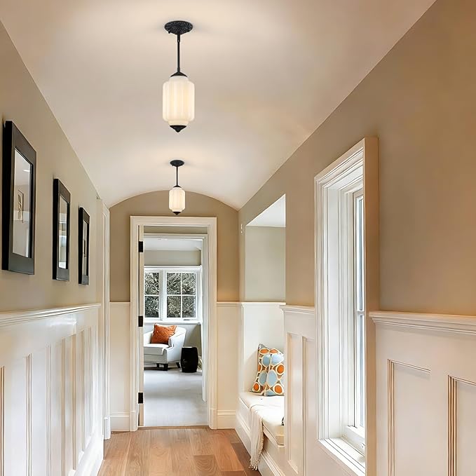 Vintage Milk Glass Pendant Light, 5.5" Semi Flush Mount Pendant Light, Black Finish Milk Glass Hanging Light Fixture for Kitchen, Dining Room, Bedroom, Hallway, Bathroom(White, 1 Pack)