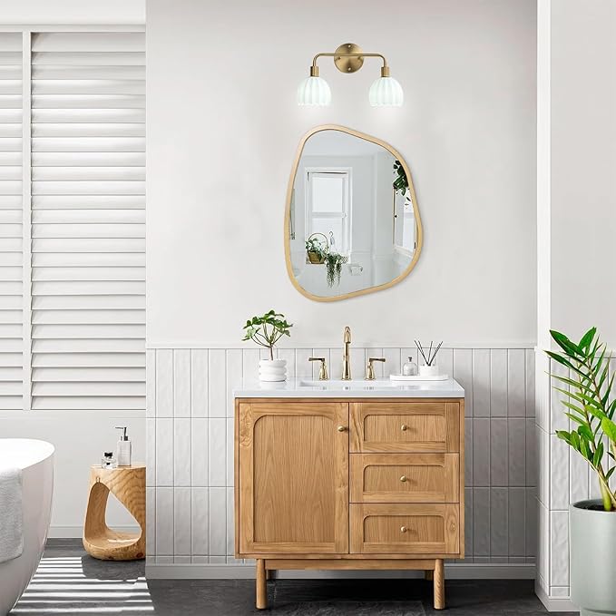 2-Light Gold Brass Bathroom Light Fixture,Wall Sconces,Brushed Gold Vanlity Light Over Mirror,Bathroom Vanity Light with White Glass Flower Shade,E26 Socket(Bulbs Not Included)