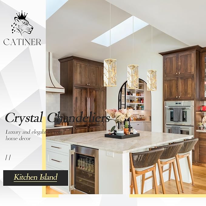 CATINER Gold Crystal Pendant Light 3 Pack, Mini Hanging Pendant Lighting Fixture with Adjustable Cord, Modern Gold Kitchen Island Pendant Lights for Dining Room, Bedroom, Hallway, E26 Base