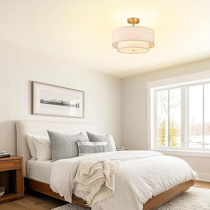 16" Semi Flush Mount Ceiling Light, 3-Light Double Drum Fabric Linen Shade for Living Room, Bedroom, Kitchen, Dining Room, Hallway and Entryway