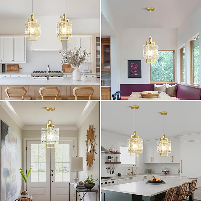 Gold Pendant Light Fixture - Modern Kitchen Island Water Ripple Glass Square Light - Adjustable Hanging Lighting for Kitchen Dining Room Over Island - 2 Pack