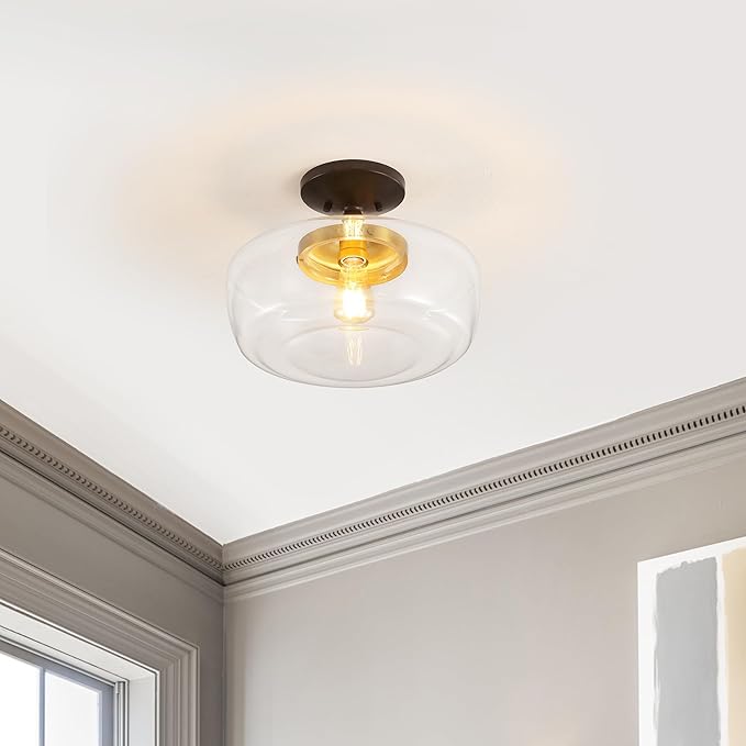 JONATHAN Y 14" Oil Rubbed Bronze/Brass Gold Modern Farmhouse LED Flush Mount Light Fixture, Clear Glass Shade, Rustic Industrial Schoolhouse Lamp for Kitchen Hallway Bedroom (JYL7517E)