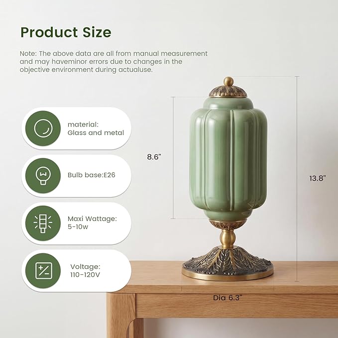 Milk Glass Table Lamp - Modern Farmhouse Design with Antique Brass Finish Base, Green Desk Light for Living Room & Bedroom Decor (Green 15")